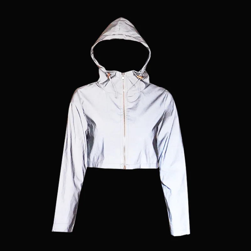 Sexy Club Crop Top Flash Reflective Hoodie For Women Fashion Streetwear Zipper Glitter Blouses 2019 Autumn Winter