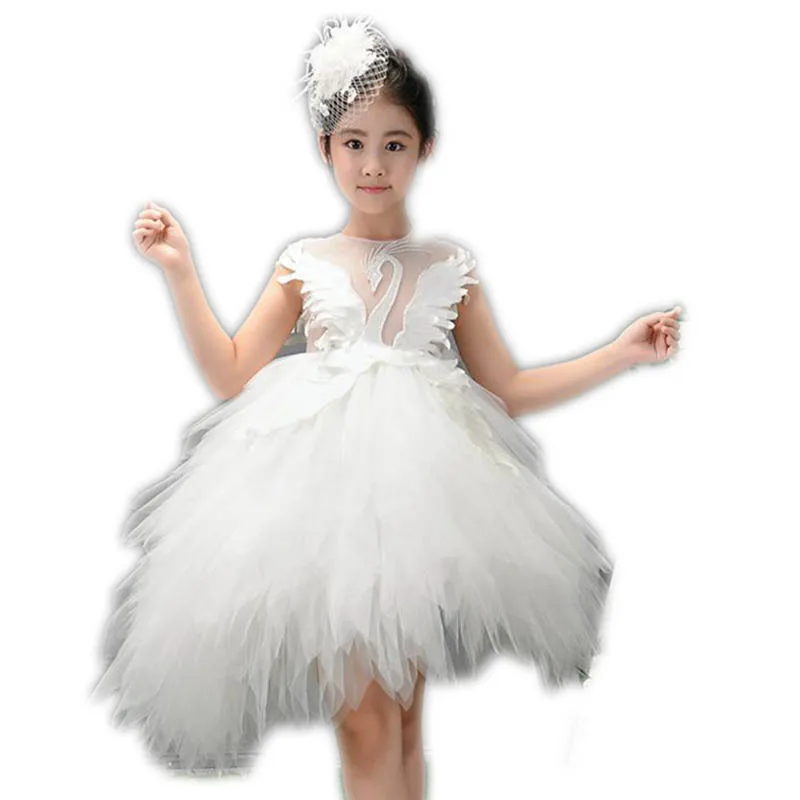 Асимметричные Свадебные платья с аппликацией для девочек; детское вечернее платье принцессы для дня рождения; Сетчатое платье для причастия с лебедем и бисером; M86