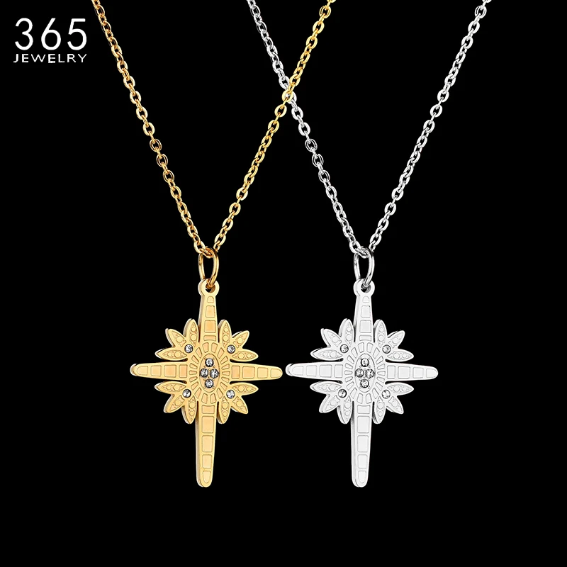 

New Fashion Silver Color Flower Cross Symbol Necklace Stainless Steel CZ Stone Crucifix Pendant Necklace For Women Girls Gift