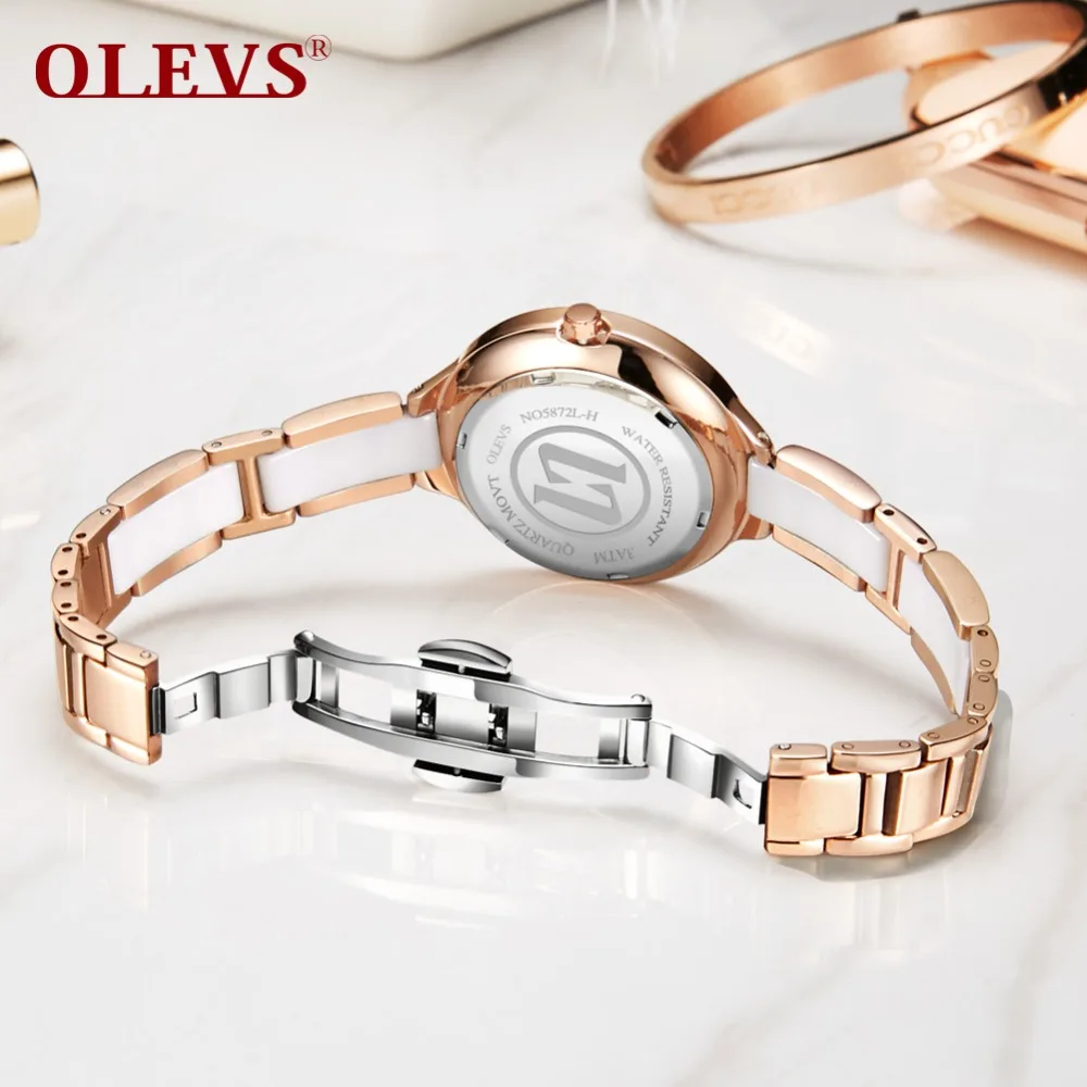 OLEVS Ladies Ceramic Watches Lady Rose Gold Women Dress Watch Luminous Black Steel Strap Womens Wrist Watches Gifts reloj mujer