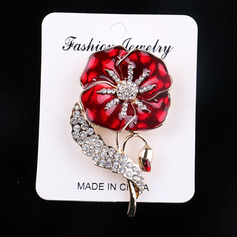 

2 Inch Clear Rhinestone Crystal Diamante Red Poppy Flower Brooches