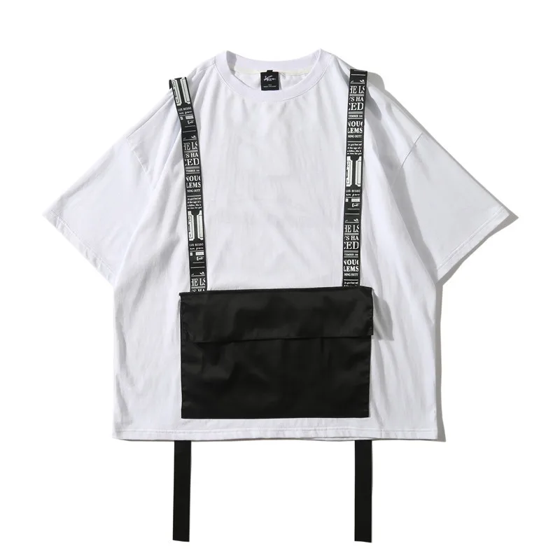 

2019 New Summer Hip Hop Big Pocket Ribbon T-Shirt Men