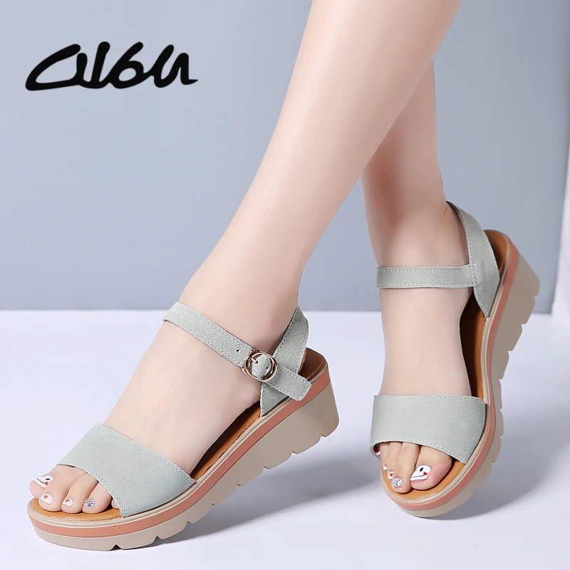 

O16U 2018 Women Sandals Shoes Summer Suede Leather Thick Heel Wedge Platform Sandals Ladies Ankle Strap Retro Flat Sandals Women