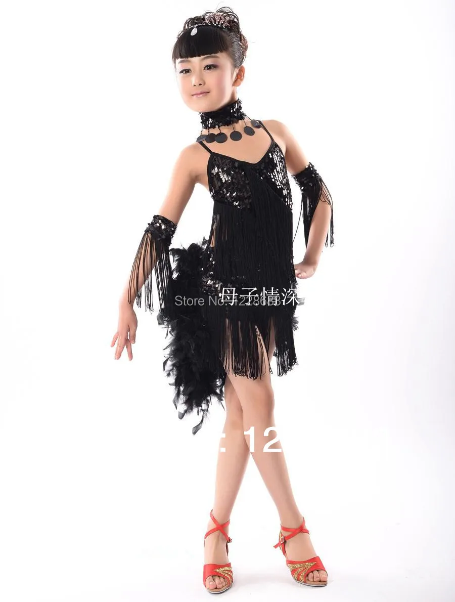 New Children Kids Sequin Feather Fringe Stage Performance Competition Ballroom Dance Costume Latin Dance Dress For Girls