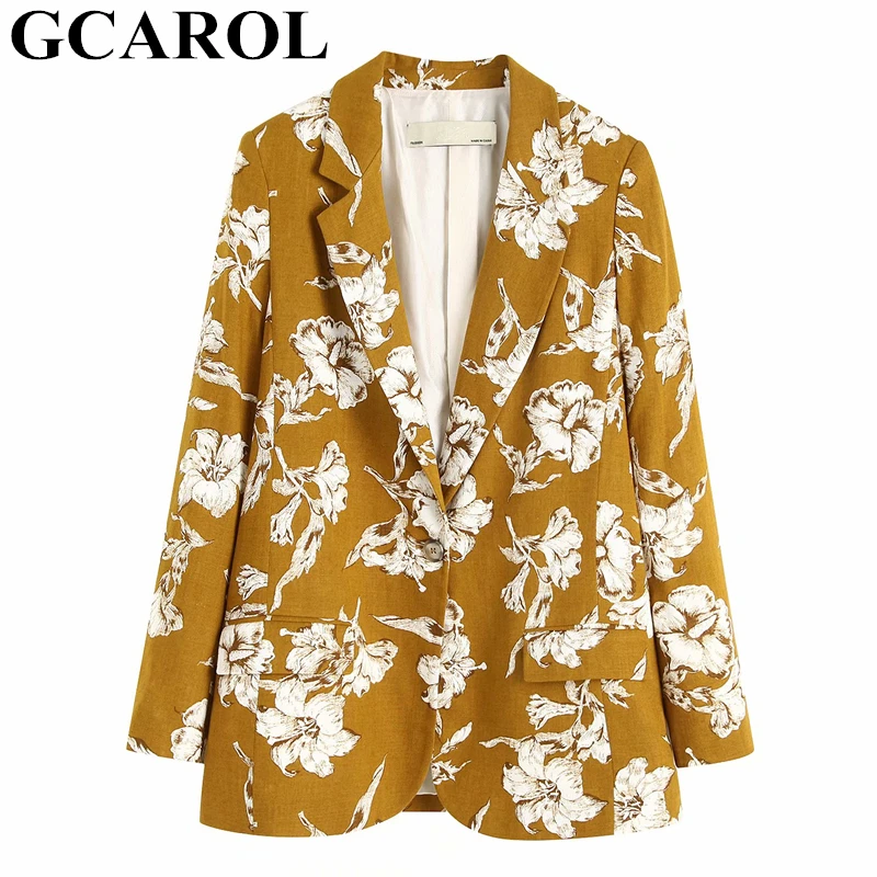 

GCAROL 2019 New Women Lily Floral Printed OL Suit Notched Collar 2 Pockets Spring Summer Bright Blazer Long Jacket Outfit