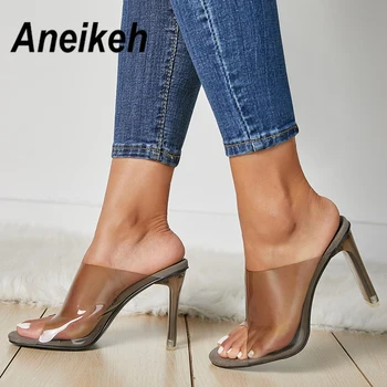 

Aneikeh 2019 Summer Hot Transparent PVC Women Sandals Open Toe Clear Crystal High Heels Slip On Sandals Dress Ladies Shoe