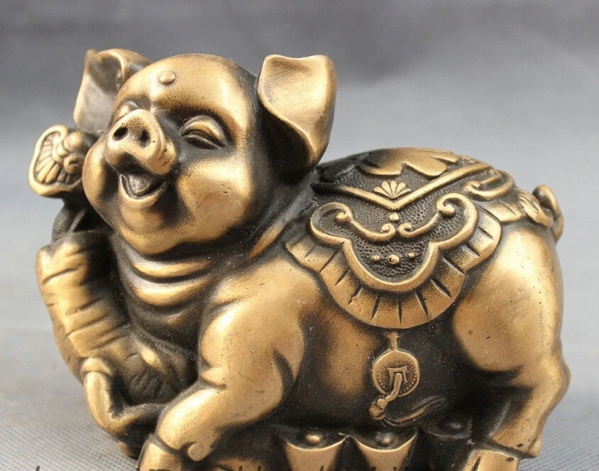 

Chinese Bronze Folk Zodiac YuanBao RuYi Happy Fu Pig Statue Animals Sculpture
