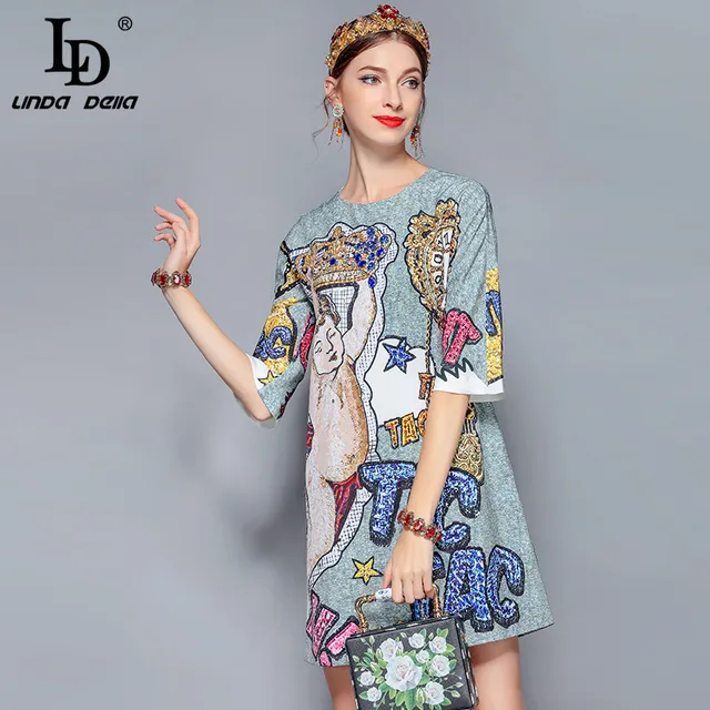 LD LINDA DELLA 2021 New Fashion Runway Summer Dress Women's Retro Half Sleeve Gorgeous Diamonds Letter Printed Vintage Dress 2