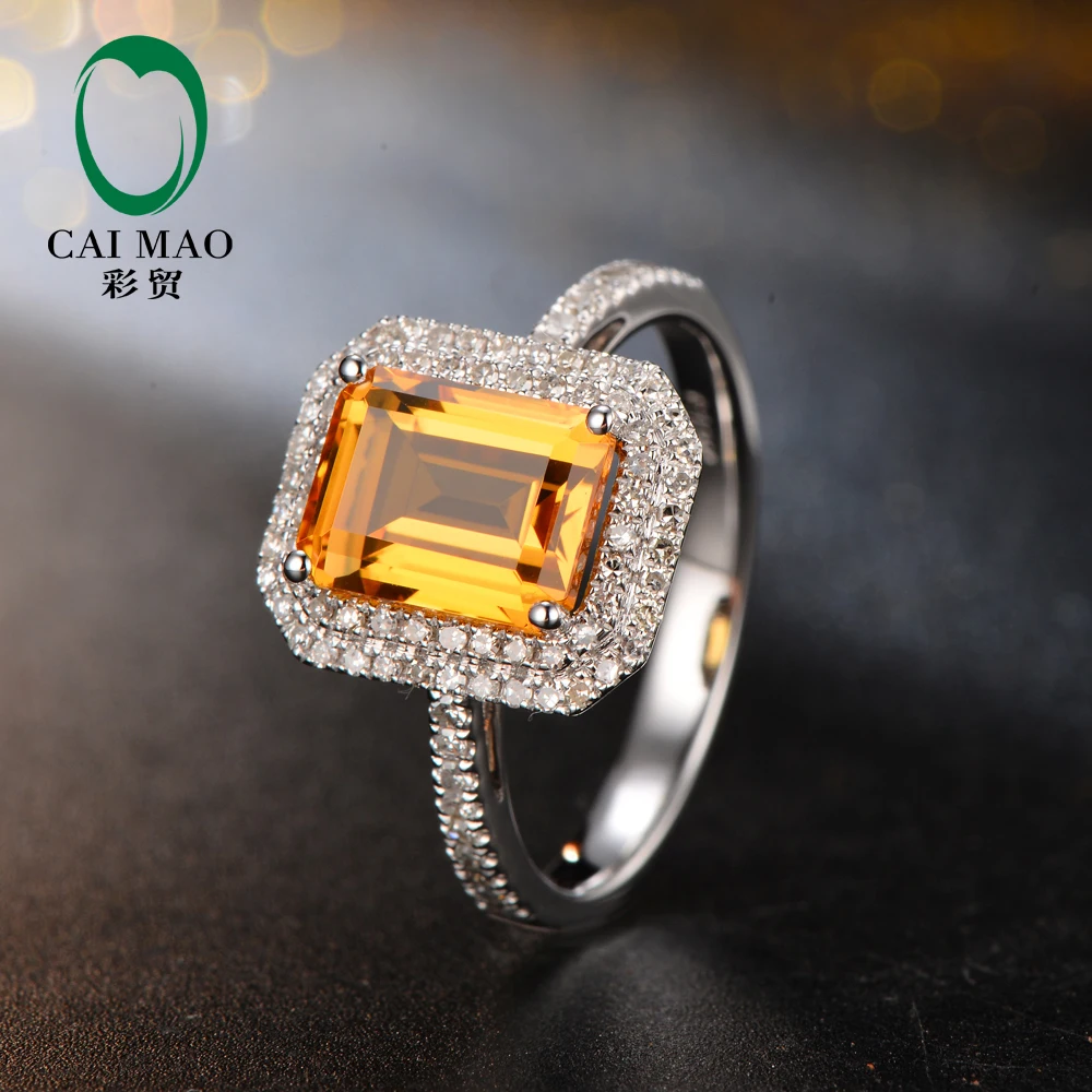 Caimao Jewelry Retro Romantic 7x9mm 2.45CT Citrine Emerald Shape & 0.39ct Natural Diamond 14K White Gold Ring