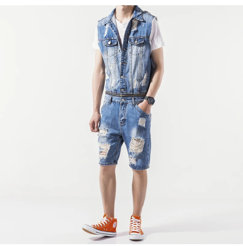Helisopus Hiphop Cowboy Blue Denim Men's Casual Jumpsuits Denim Blend