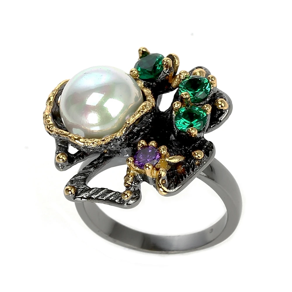 WA11637 pearl flower ring women vintage gothic stone jewelry (6)
