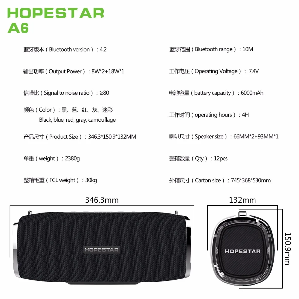 OPQ-HOPESTAR A6 Bluetooth динамик Портативный беспроводной громкий динамик звуковая система 3D стерео Открытый водонепроницаемый большой внешний аккумулятор 35 Вт