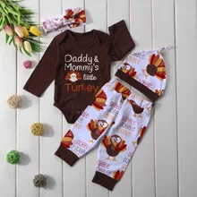 

2018 New Roupas Infantis Menina Thanksgiving Newborn Baby Clothes Set Romper+pant+hat+headband Outfit Infant Clothing Outfits