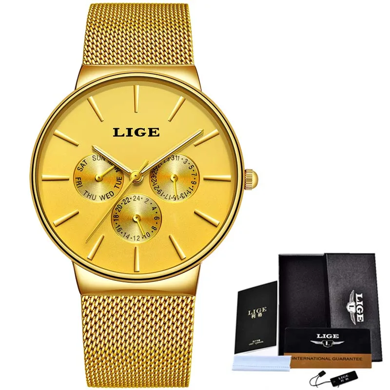 LIGE модные простые мужские часы Топ бренд класса люкс бизнес сетчатый ремень кварцевые часы Мужские часы мужские спортивные часы relogio masculino - Цвет: Steel all yellow