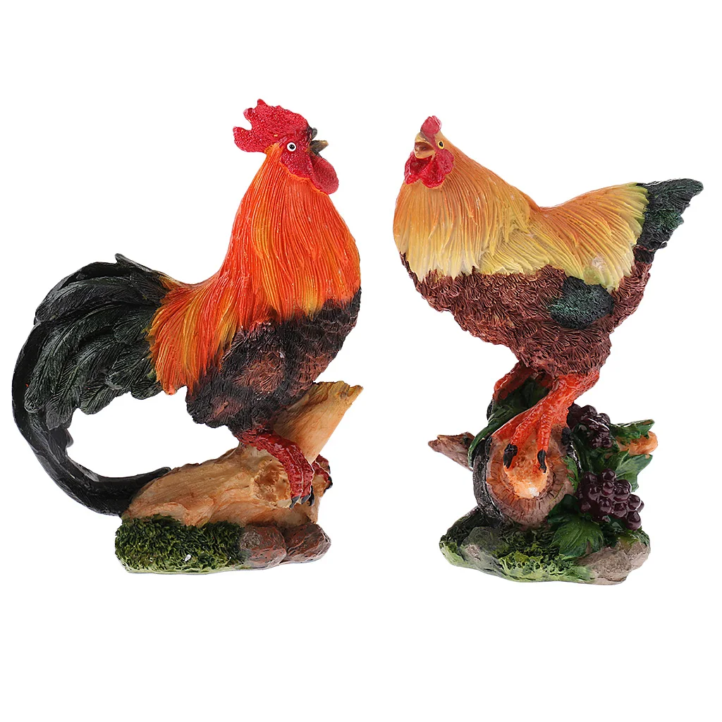 2Pcs Standing Chicken Models Resin Statue Art Craft for Collectible Ornament