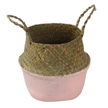

Household Foldable Natural Seagrass Woven Storage Pot Garden Flower Vase Hanging Basket With Handle Storage Bellied Basket