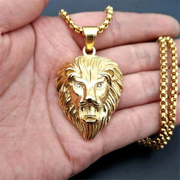 

Mens Hip Hop Jewelry Iced Out Gold Color Fashion Bling Bling Lion Head Pendant Men Necklace Gold Color For Gift/present