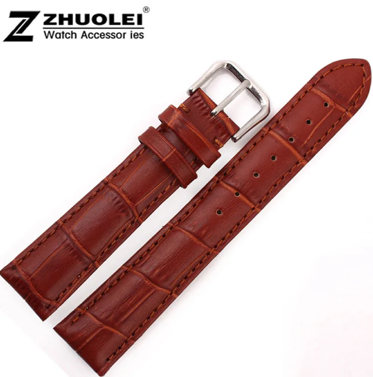 

18mm New High quality Brown Alligator Pattern Genuine Leather Watch Bands Straps Bracelets Silver Deployment Clasp Buckle