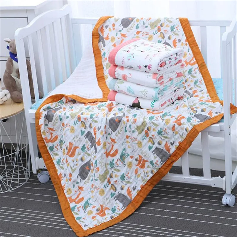 

6 layers muslin cotton baby sleeping blanket with wide binding 110*110cm thick breathable baby kids children bed cover blanket