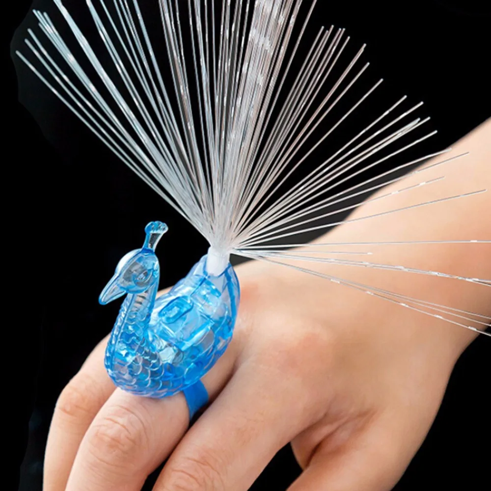 1Pcs LED Glow Peacock Finger Light Laser Beams Ring Optical Fiber Toy Flash Kid Fluorescent Shiny Neon Flashing Toys Random