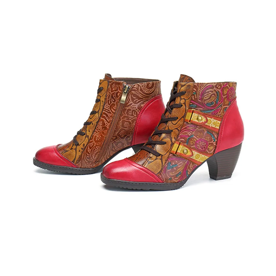 Spanish Retro Style Women Ankle Boots Fashion Handmade Genuine Leather Thick Heels LadIes Shoes Comfortable Ethnic Women's boots (11)