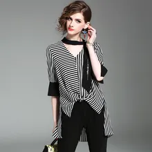 Европа Новинка весенние женские модные свободные Асимметричные полосатые сексуальные футболки с v-образным вырезом Топы женские футболки со свободным рукавом и бусинами