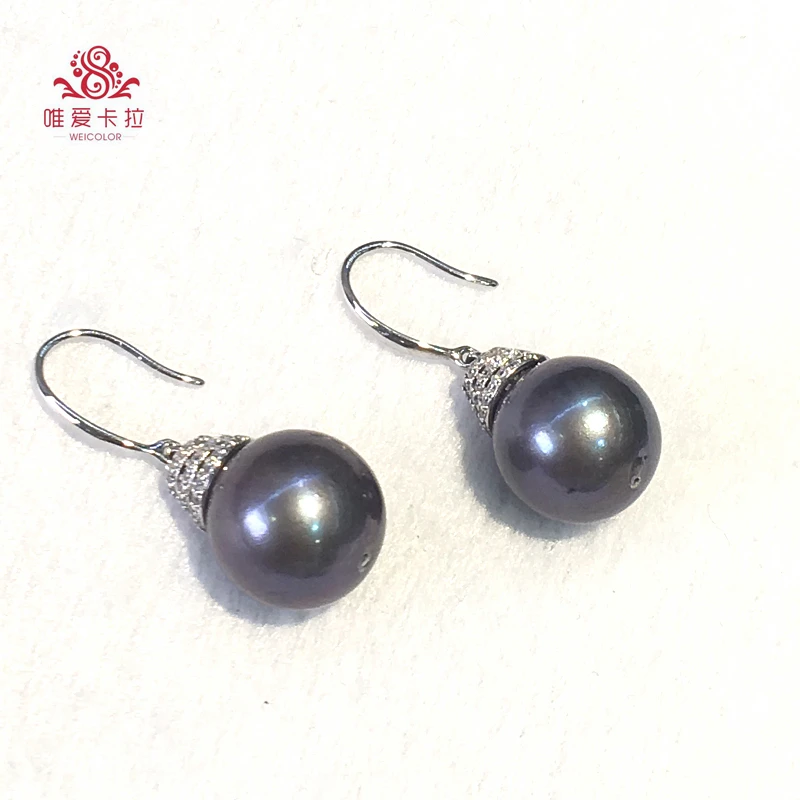 

WEICOLOR Popular Big Drop Earrings:12-13mm Round Black Natural Freshwater Pearls With Silver Hooks