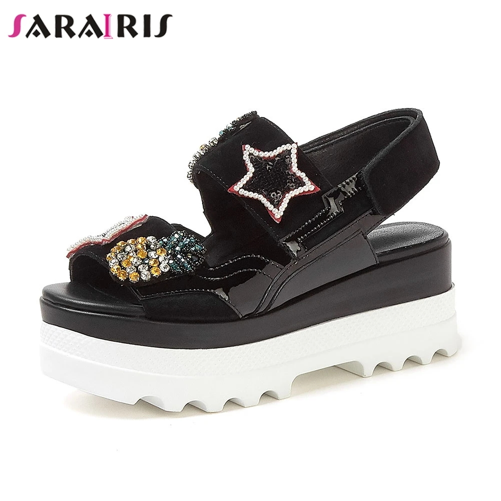 

SARAIRIS New Fashion INS Hot Genuine Leather Crystal Ladies Wedges High Heels Platform Shoes Woman Casual Summer Sandals 2019
