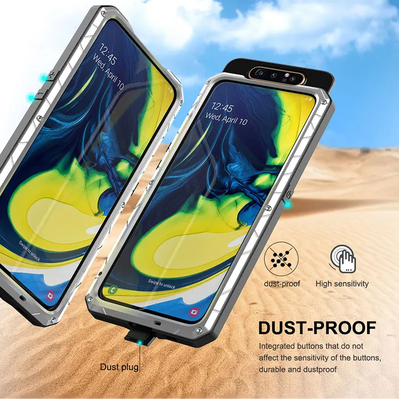 For Samsung Galaxy A80 Phone Case Hard Aluminum Metal Tempered Glass Screen Gift Protector Cover Heavy Duty Protection Cover