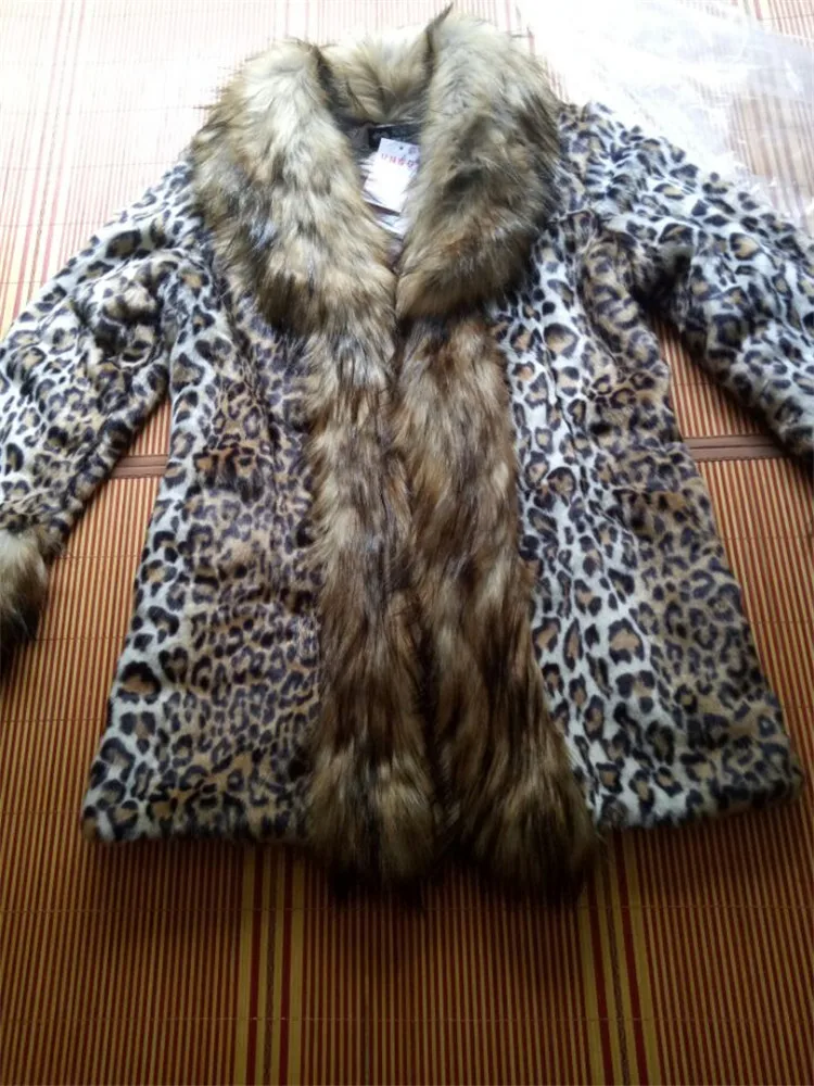 Эксклюзивные женские куртки из искусственного меха на осень и зиму, леопардовые пальто из меха норки, меховые куртки с воротником из искусственного меха енота, большие размеры, OKXGNZ 1256