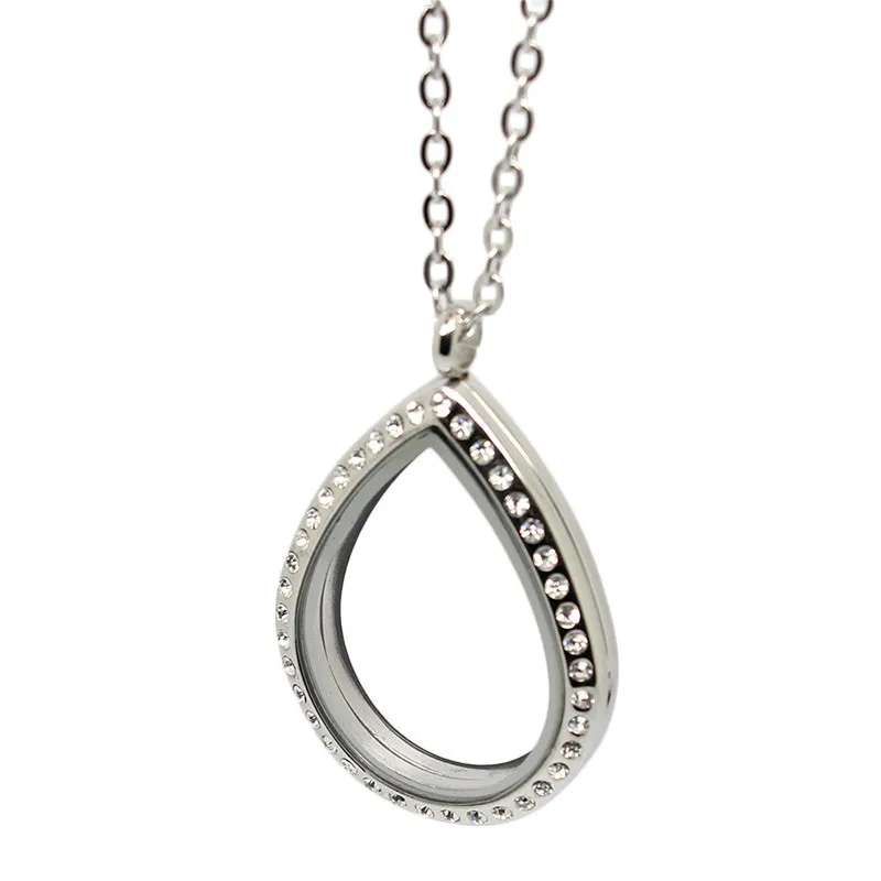

Silver Stainless Steel Magnetic Water Drop Crystals Locket Necklace Floating Charms Memory Locket Pendant with 20" Chain