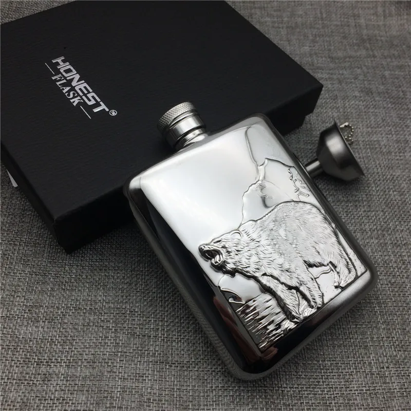 Плоская фляжка 6OZ FX B из нержавеющей стали 304 рельефный полярный медведь 6 унций
