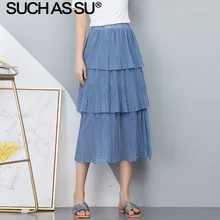 Из шифона в горошек юбки для женщин; Цвета: черный, бежевый, синий с оборками миди-юбка с высокой талией 3 слоя рюшами тонкая юбка в складку