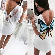 

2017 Fashion Casual cat butterfly printed O Neck V backless short sleeve Loose white mini dress