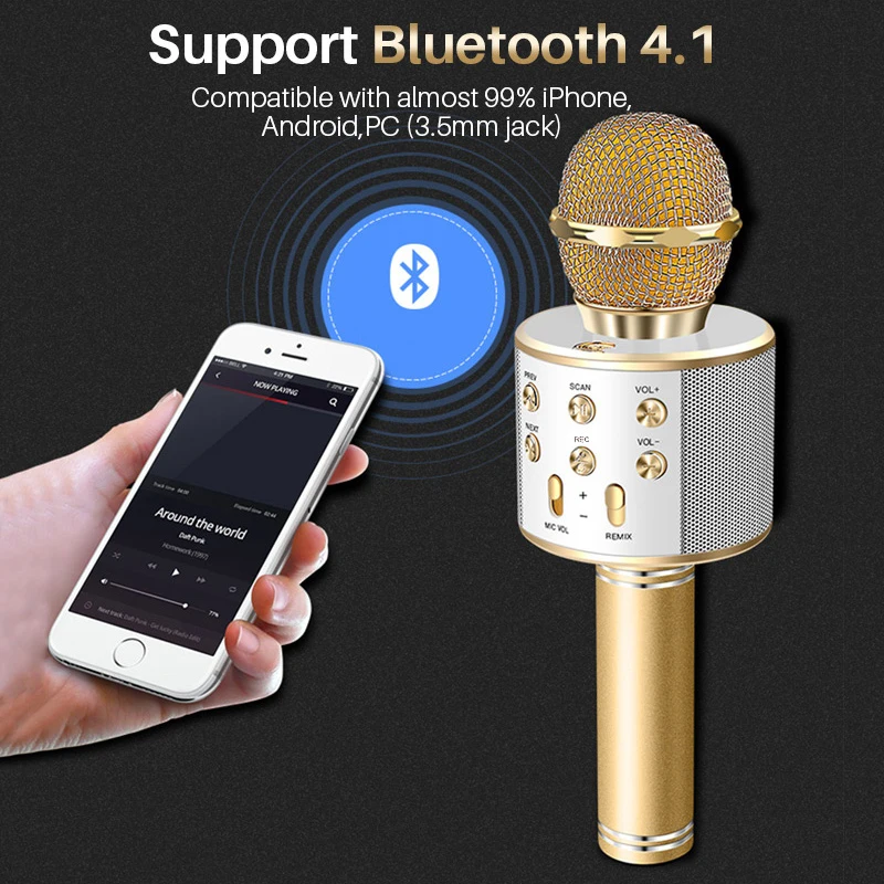 handheld wireless karaoke microphone with portable bluetooth speaker