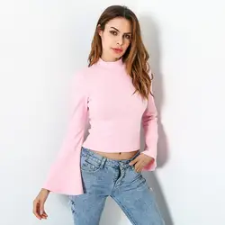 Женская мода Стиль 2018 Новый розовый длинный расклешенный рукав Короткие топы розовый весна осень Стенд воротник Простые футболки подарок