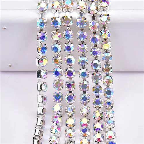 silver AB color AAAAA Rhinestone Cupchain Strass Clear Crystal AB Stone Trimming Silver Gold Base Plating 10yard/Roll Flatback DIY SS6-SS28 - Цвет: silver AB color