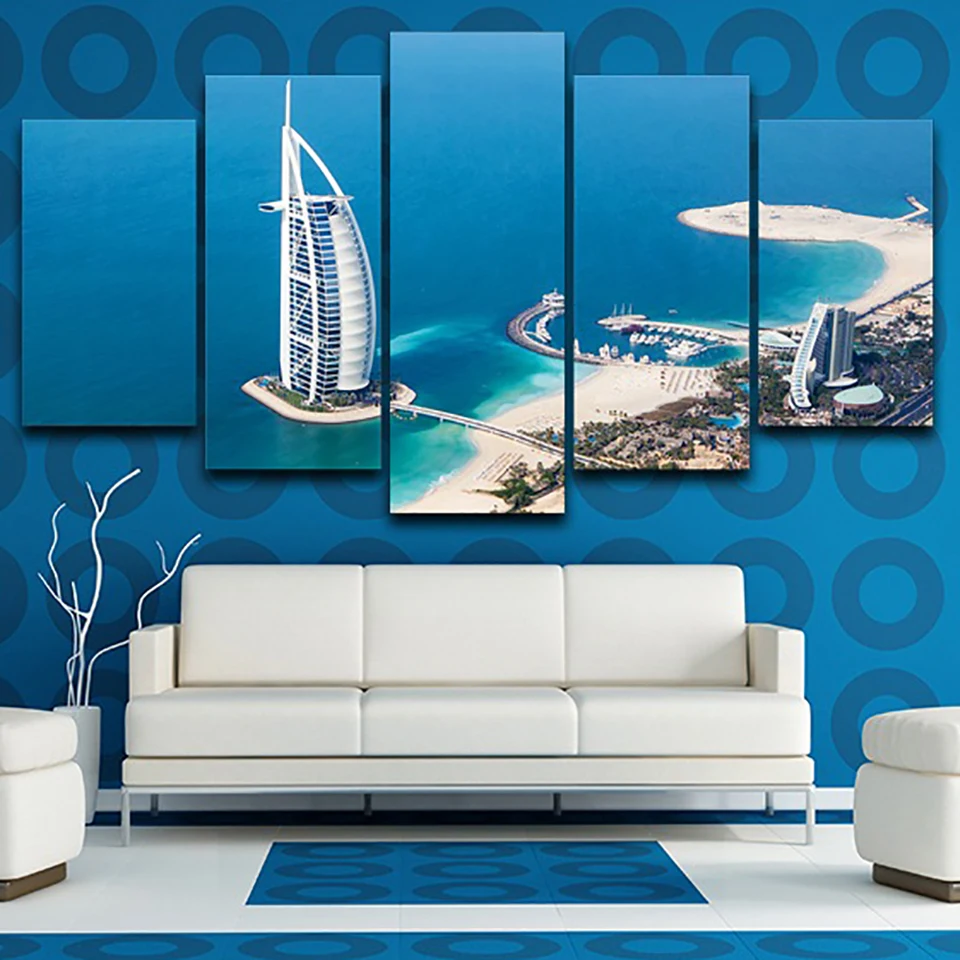 Living Room HD Printed Modern Wall Art Painting 5 Panel Seaside City Blue Ocean Landscape Home Decor Poster Pictures Framework