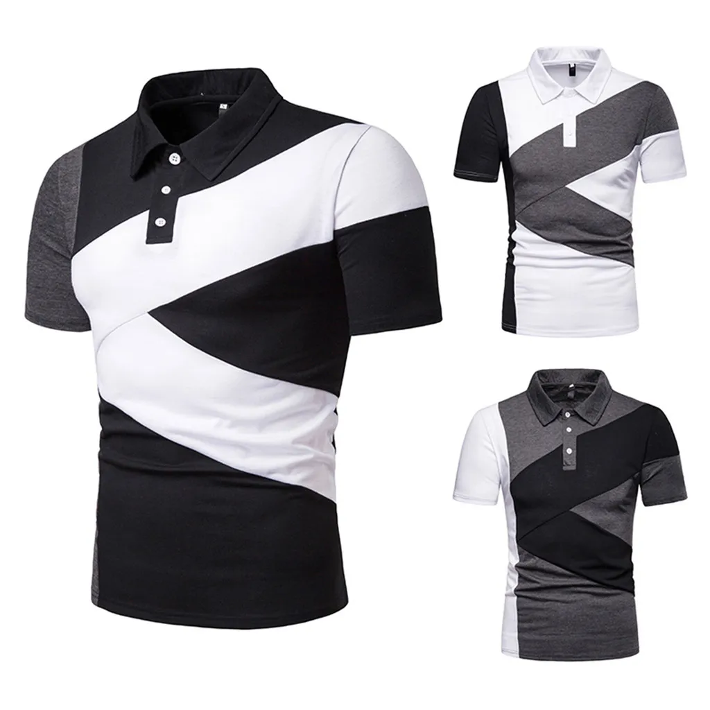 

2019 Summer T-shirts Casual Short-Sleeved Cotton Fashion Mens Casual Stand Collar Button Patchwork Short Sleeve Top Blouse #smt