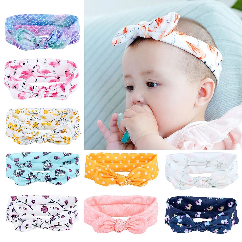 

Cute Rabbit Bowknot Headband For Kids Dot Unicorn Flamingo Scale Print Elastic Hair Bands Children Hair Accessories 911