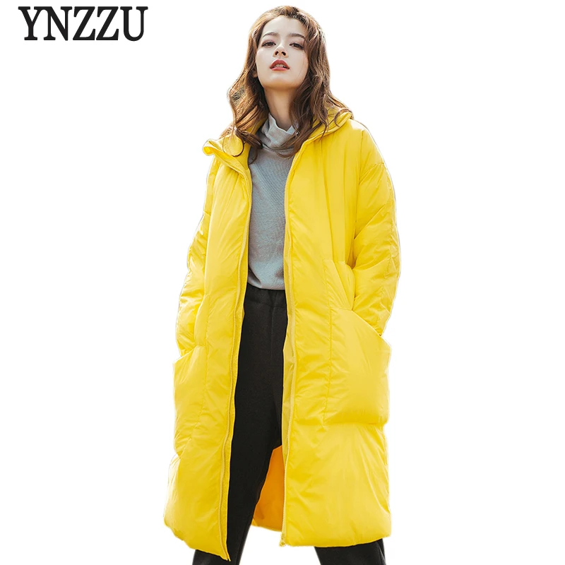 YNZZU Winter Yellow Women's Down Jacket Casual Long Duck Down Coat Women Stand Collar Warm Fluffy Female Jacket YO721