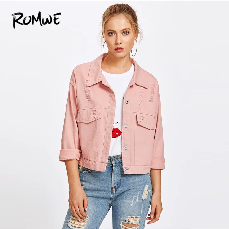 ROMWE Pink Single Breasted Ripped Denim Jacket Women Lapel Jean Jackets 2018 Casual Long Sleeve Street Jacket