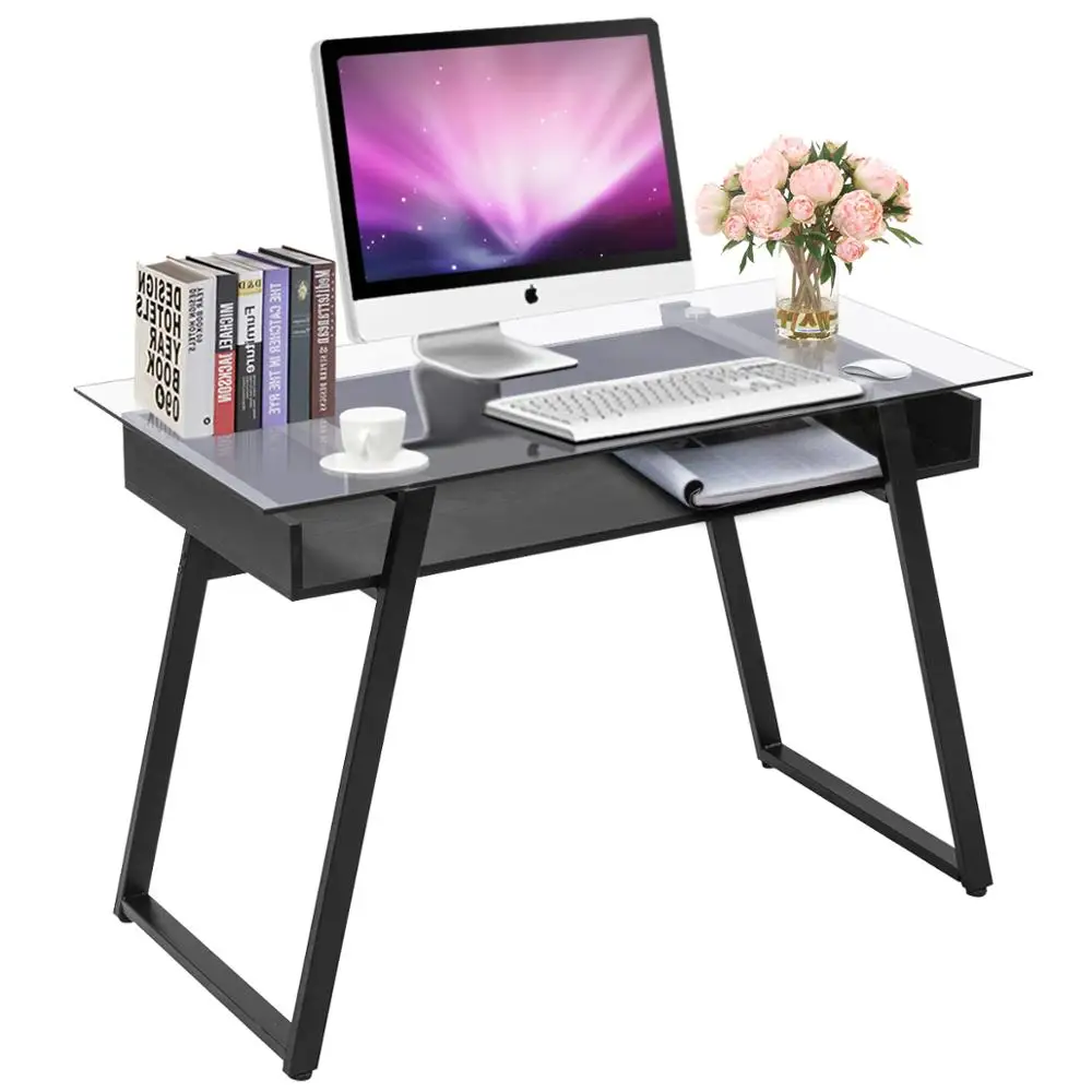 Giantex زجاج حديث أعلى الكمبيوتر مكتب PC طاولة كمبيوتر محمول الكتابة دراسة محطة مع رف خشبي المنزل مكتب الأثاث HW56041