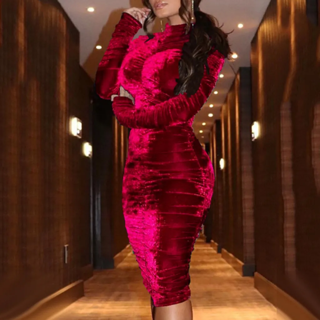 

Fashion Women Dress Vestido Invierno Solid Turtleneck Bodycon Ruched Evening Gown Tight Buttocks Dress Red Dresses For Woman