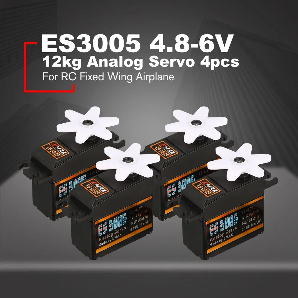 

4PCS EMAX Analog Metal Gear Waterproof Servo ES3005 4.8V-6V 12kg 0.16/0.14s/60 Degree for RC FPV Fixed Wing Airplane