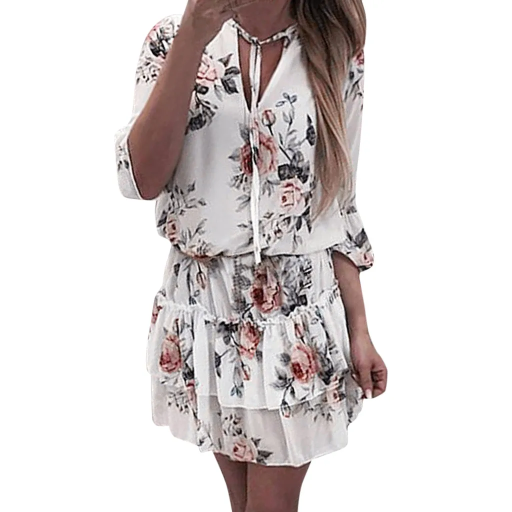 Summer Dress Women Boho Print Ruffles Lace Up Half Sleeve Mini Dress Female V-Neck Evening Party A-Line Dress Vestidos 35