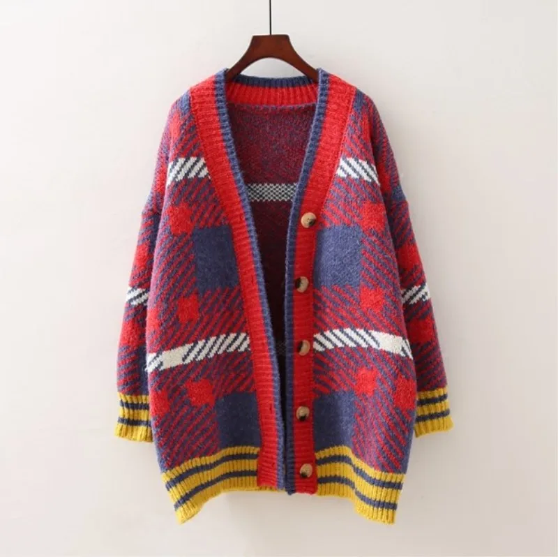 Осенний свитер, свободный, корейский, средней длины, длинный рукав, v-образный ворот, вязанный, в полоску, свитер, кардиганы, женский джемпер, Pull Femme - Цвет: Красный