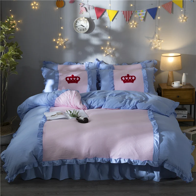 cheap Washed Cotton Soft Bedclothes Princess style Bedding Set King Queen Twin Size Girls Bed skirt Duvet cover set Pillowcases