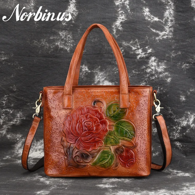 Norbinus Women Genuine Leather Handbag Natural Skin Messenger Shoulder Bag Vintage Embossed Flower Crossbody Female Tote | Багаж и сумки