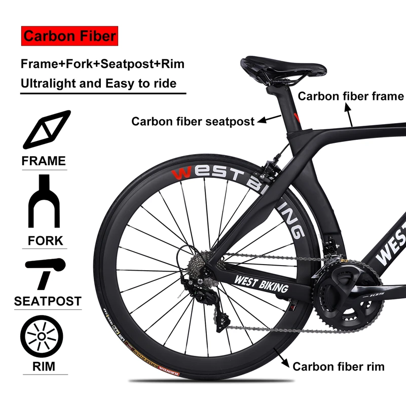 WEST BIKING карбоновый велосипед 22 скорости 700C гоночный дорожный велосипед без педалей велосипед с R7000 углеродное волокно черный велосипед